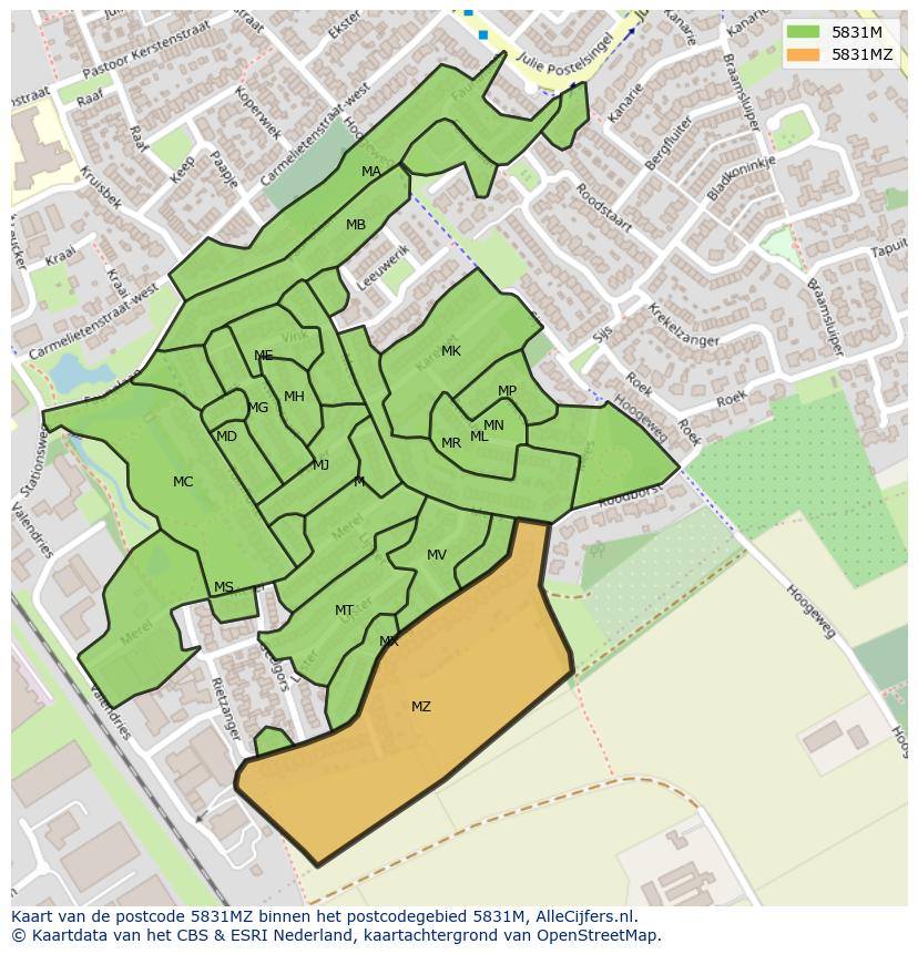 Afbeelding van het postcodegebied 5831 MZ op de kaart.