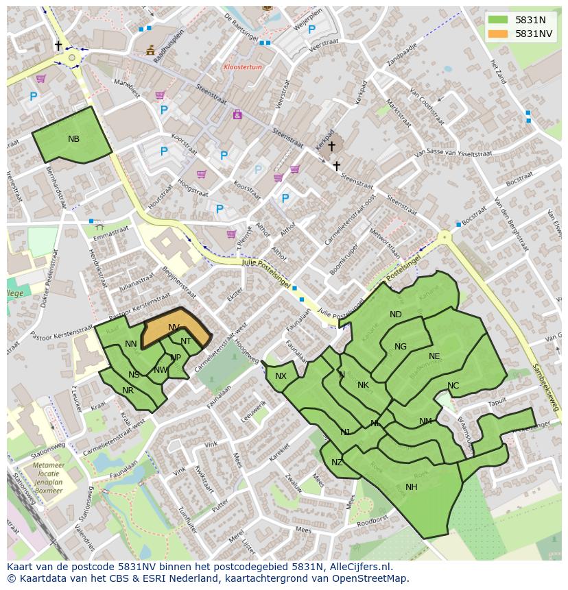 Afbeelding van het postcodegebied 5831 NV op de kaart.