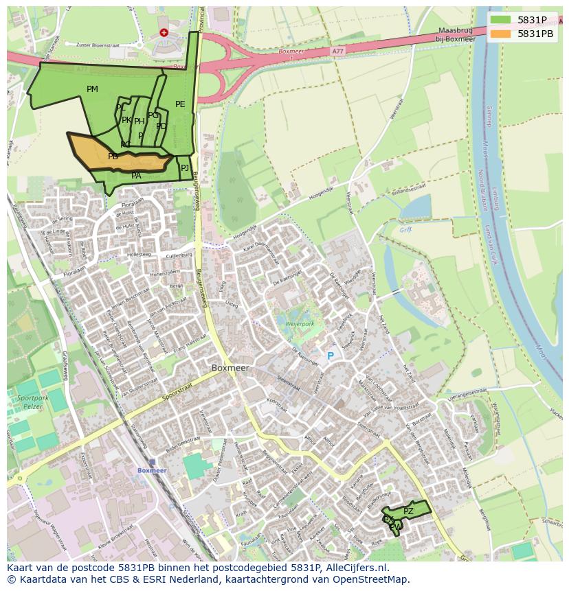 Afbeelding van het postcodegebied 5831 PB op de kaart.