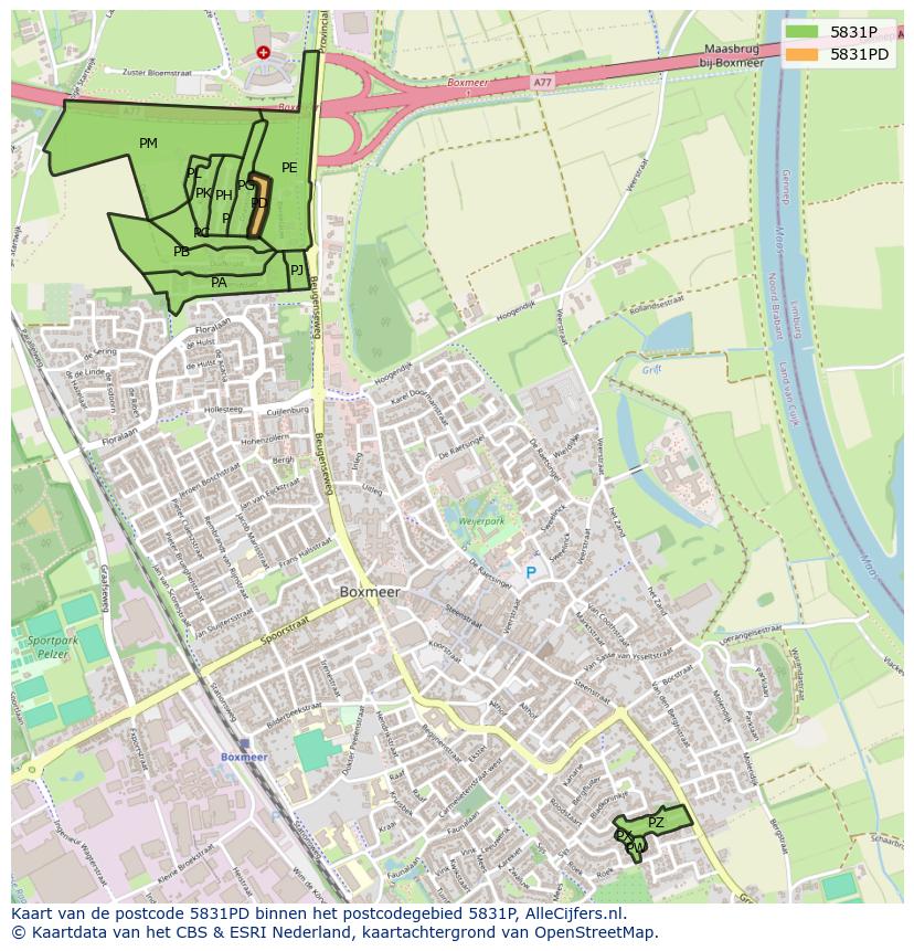 Afbeelding van het postcodegebied 5831 PD op de kaart.