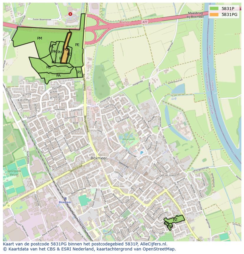 Afbeelding van het postcodegebied 5831 PG op de kaart.