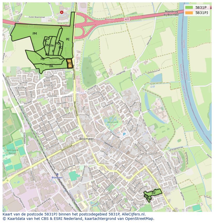 Afbeelding van het postcodegebied 5831 PJ op de kaart.