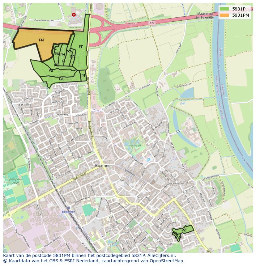 Afbeelding van het postcodegebied 5831 PM op de kaart.
