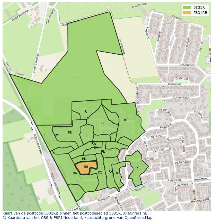Afbeelding van het postcodegebied 5831 RB op de kaart.