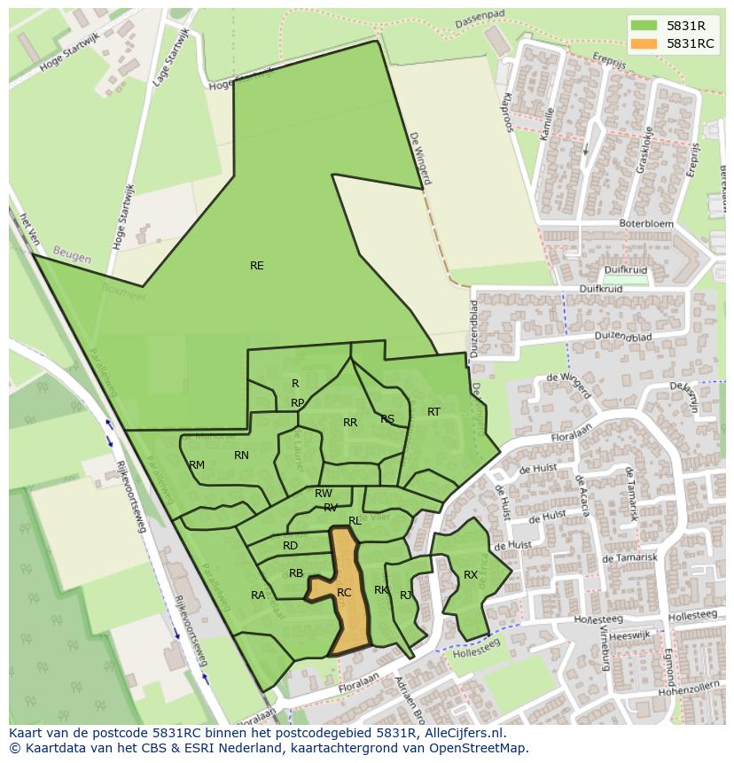 Afbeelding van het postcodegebied 5831 RC op de kaart.