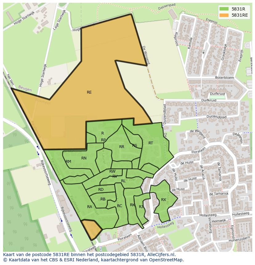 Afbeelding van het postcodegebied 5831 RE op de kaart.