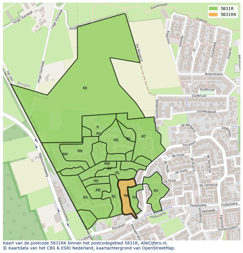 Afbeelding van het postcodegebied 5831 RK op de kaart.