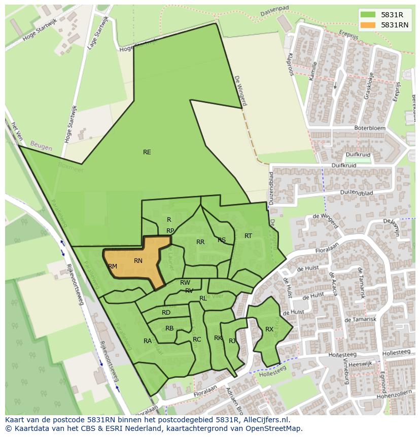 Afbeelding van het postcodegebied 5831 RN op de kaart.