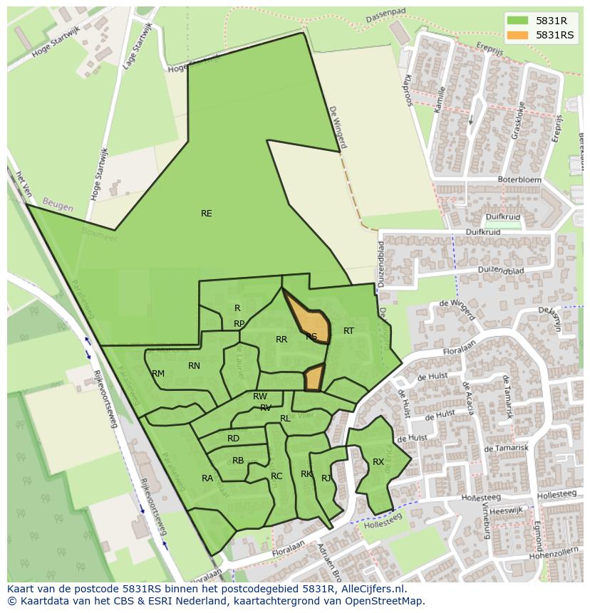 Afbeelding van het postcodegebied 5831 RS op de kaart.