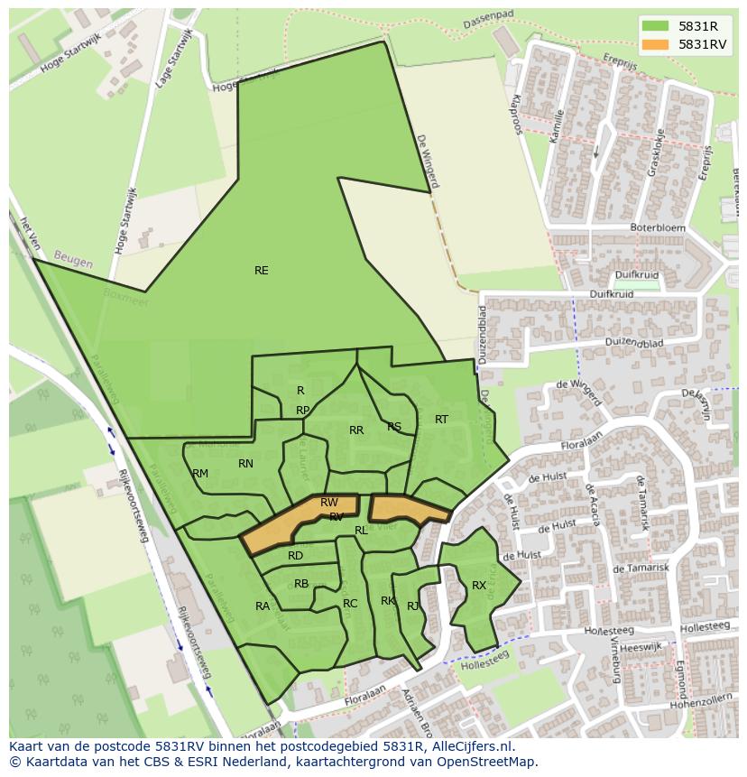 Afbeelding van het postcodegebied 5831 RV op de kaart.