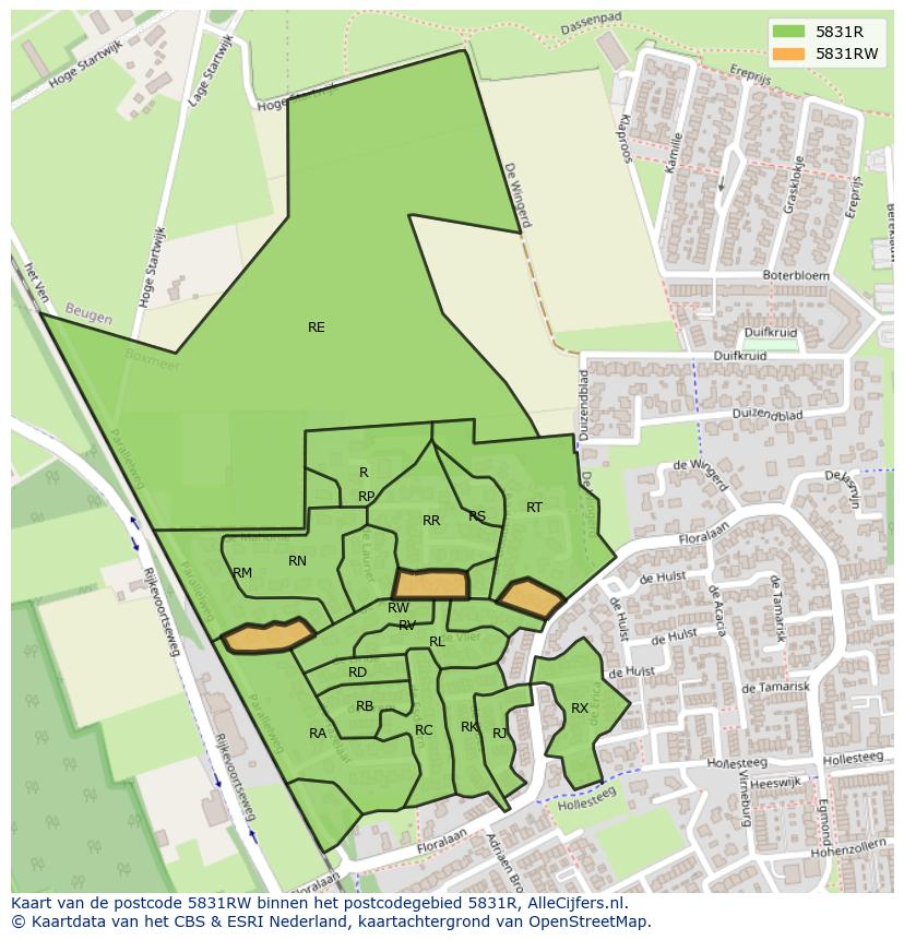 Afbeelding van het postcodegebied 5831 RW op de kaart.