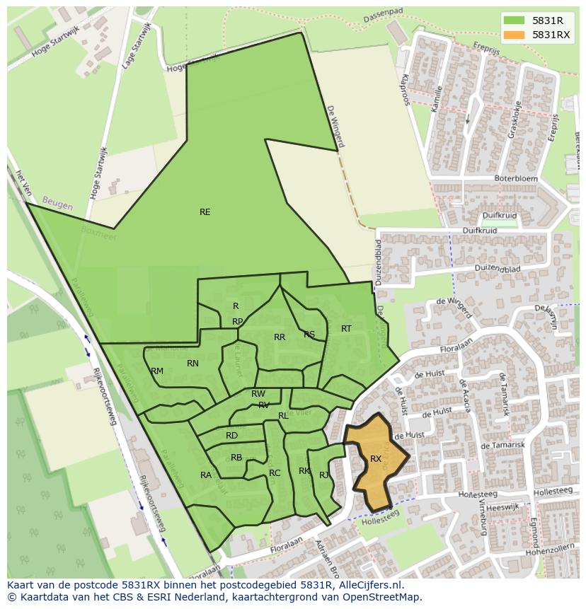 Afbeelding van het postcodegebied 5831 RX op de kaart.