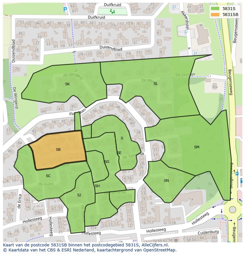 Afbeelding van het postcodegebied 5831 SB op de kaart.