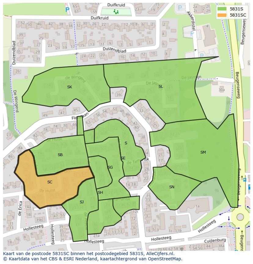 Afbeelding van het postcodegebied 5831 SC op de kaart.
