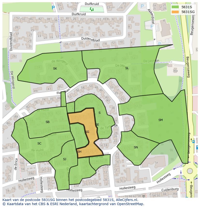 Afbeelding van het postcodegebied 5831 SG op de kaart.