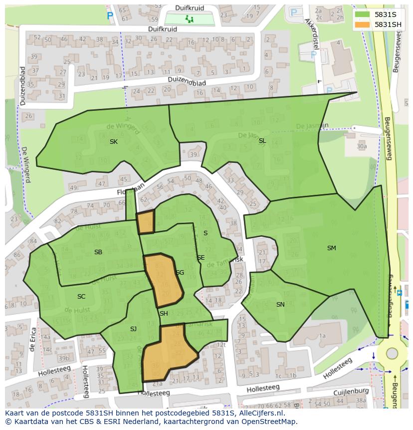 Afbeelding van het postcodegebied 5831 SH op de kaart.
