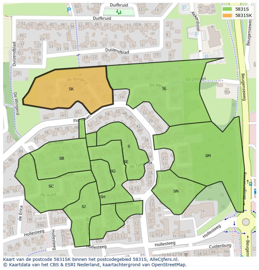 Afbeelding van het postcodegebied 5831 SK op de kaart.
