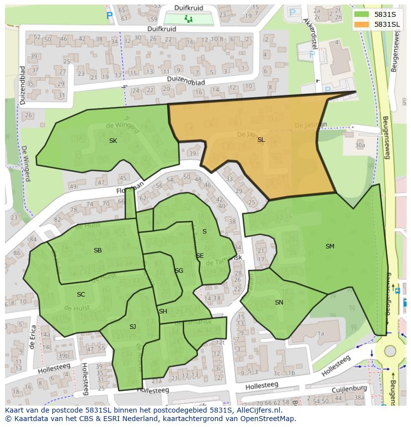 Afbeelding van het postcodegebied 5831 SL op de kaart.