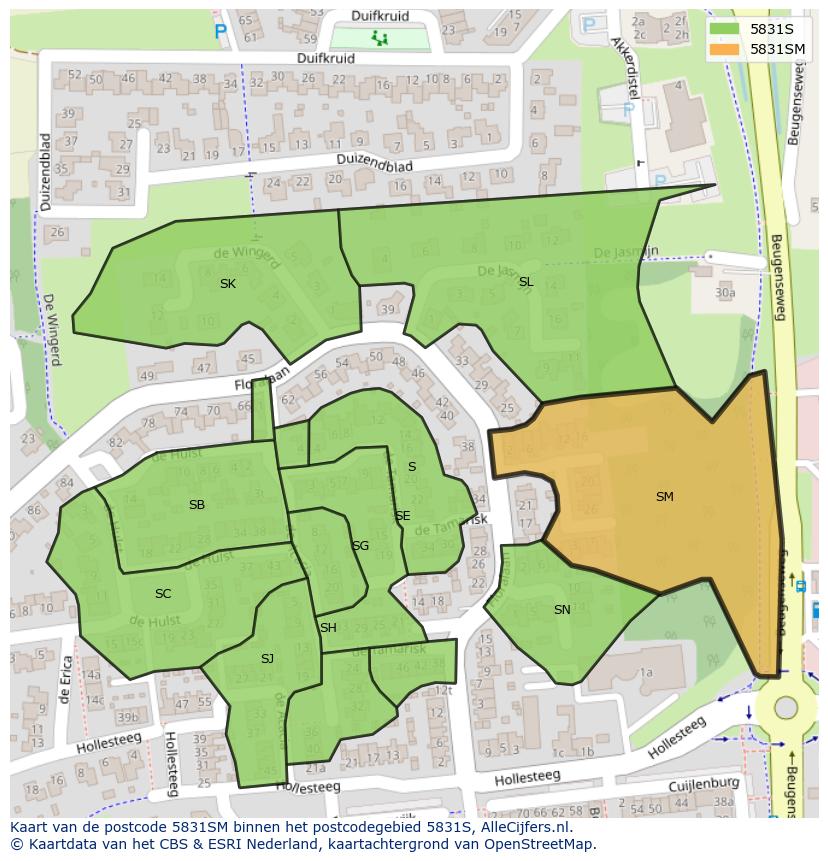 Afbeelding van het postcodegebied 5831 SM op de kaart.