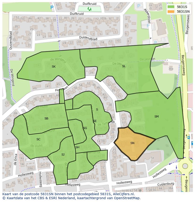 Afbeelding van het postcodegebied 5831 SN op de kaart.