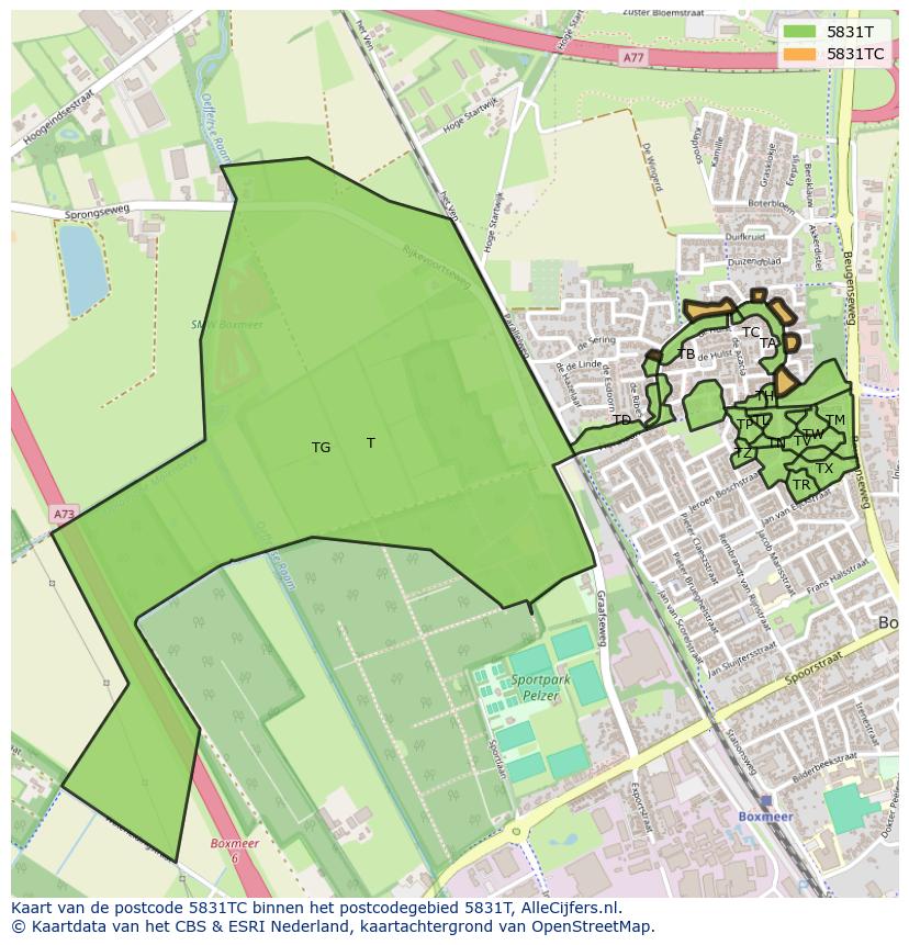 Afbeelding van het postcodegebied 5831 TC op de kaart.