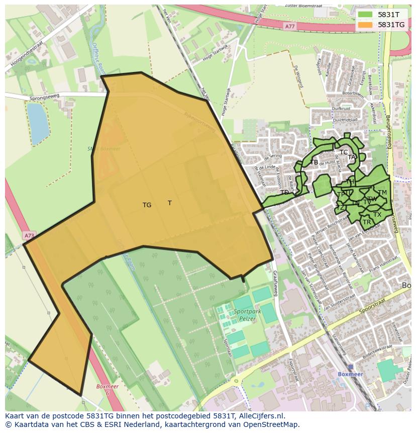 Afbeelding van het postcodegebied 5831 TG op de kaart.