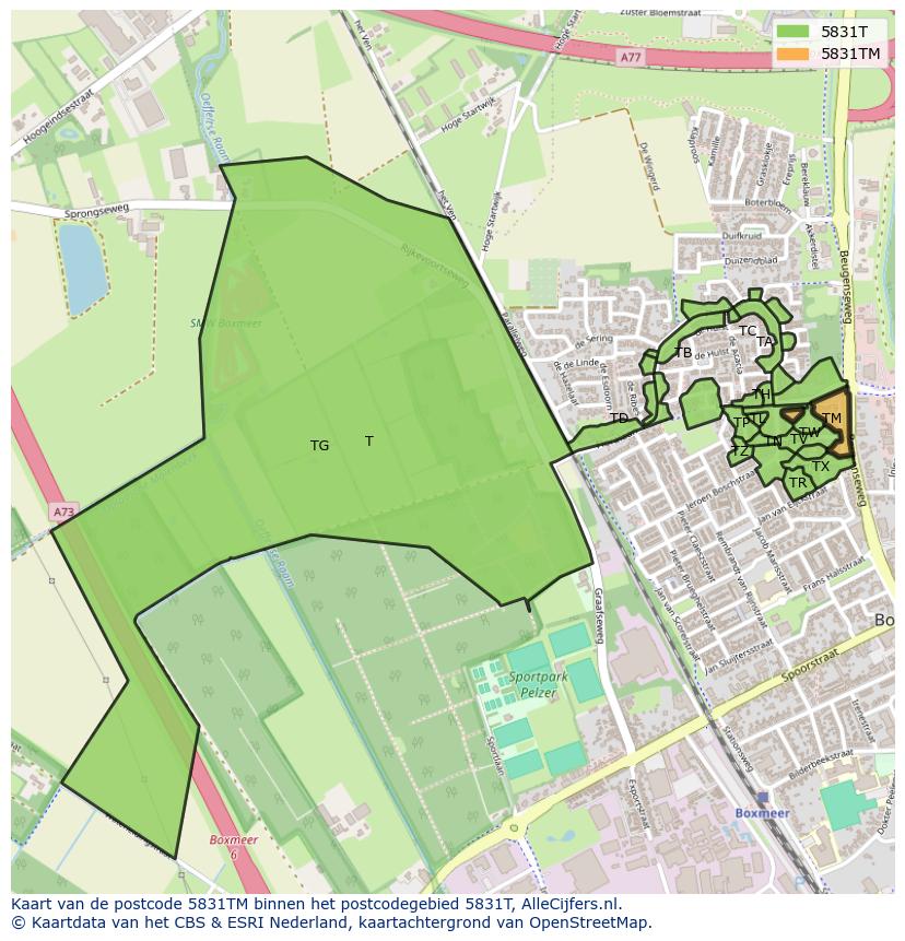 Afbeelding van het postcodegebied 5831 TM op de kaart.