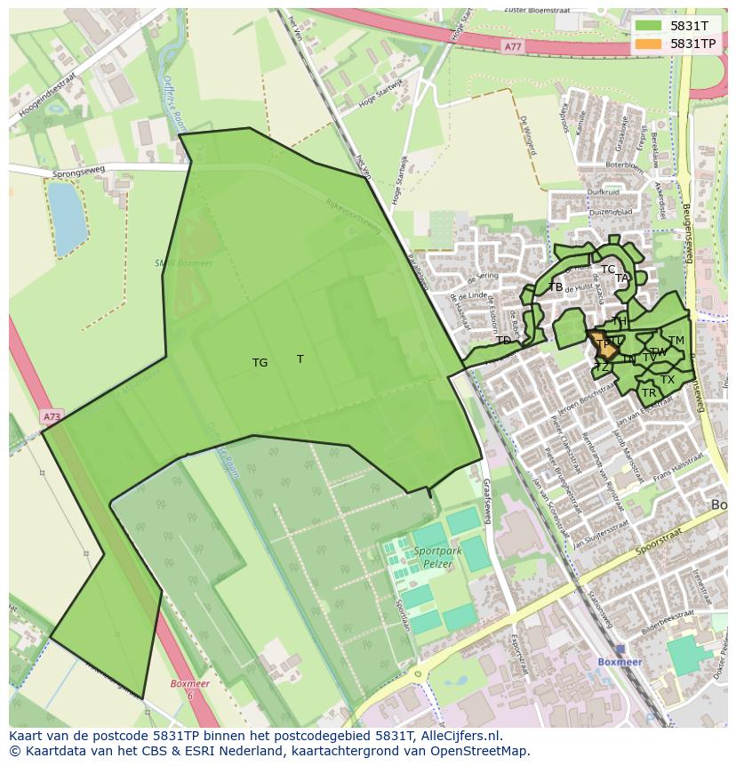 Afbeelding van het postcodegebied 5831 TP op de kaart.