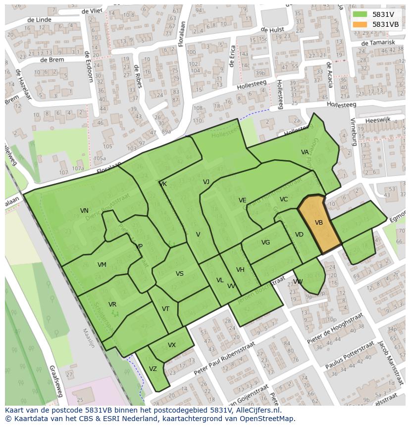 Afbeelding van het postcodegebied 5831 VB op de kaart.