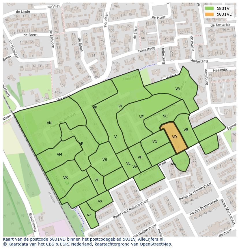 Afbeelding van het postcodegebied 5831 VD op de kaart.