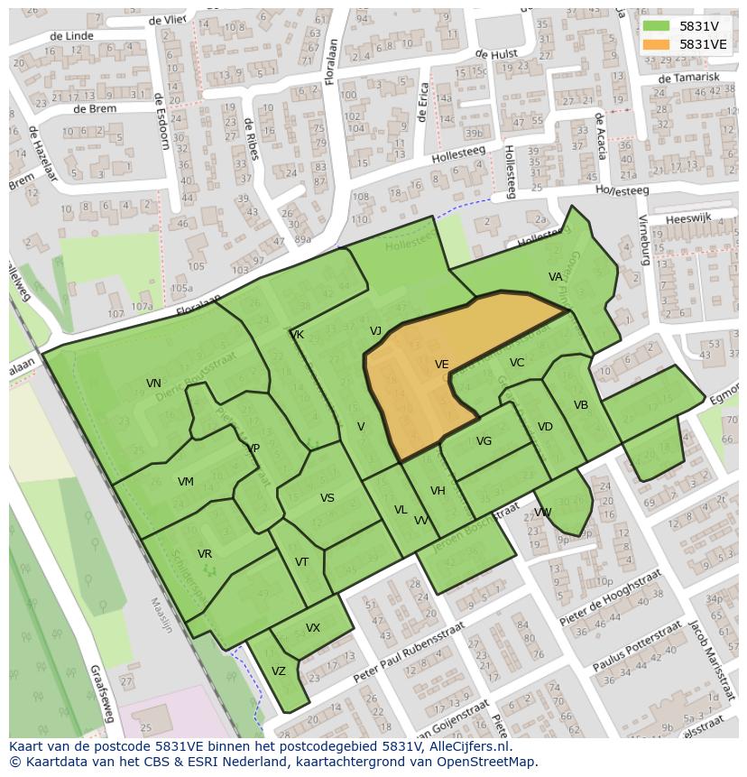 Afbeelding van het postcodegebied 5831 VE op de kaart.