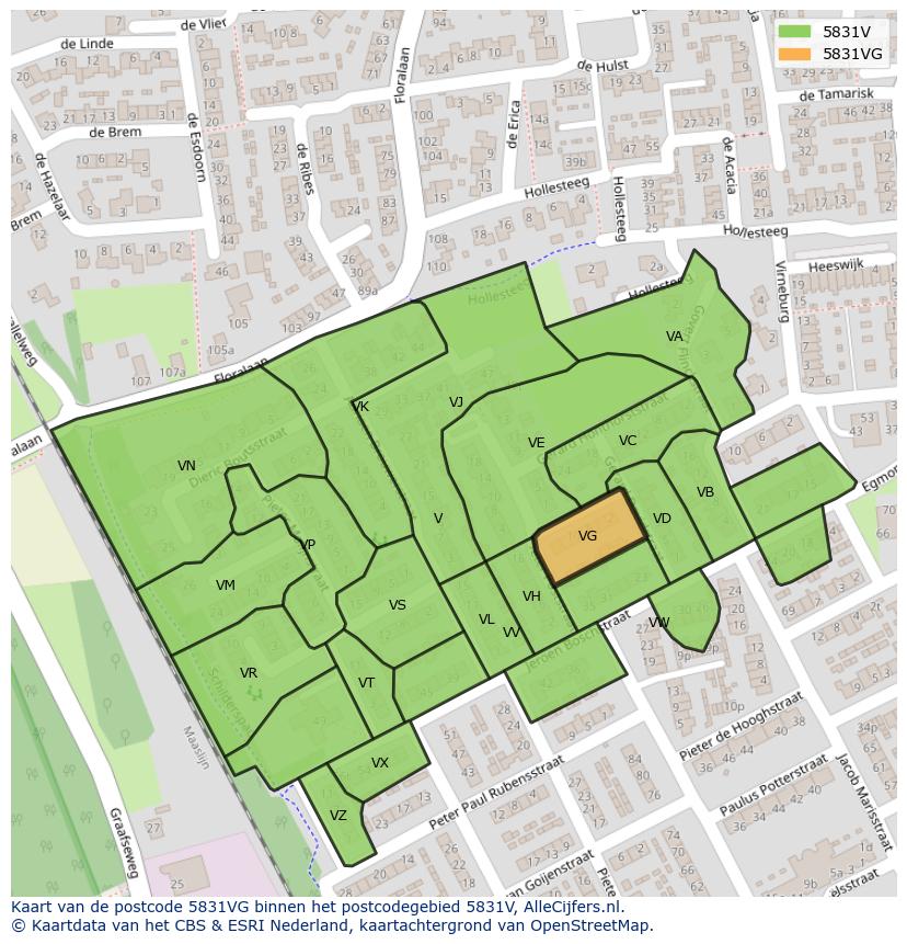 Afbeelding van het postcodegebied 5831 VG op de kaart.