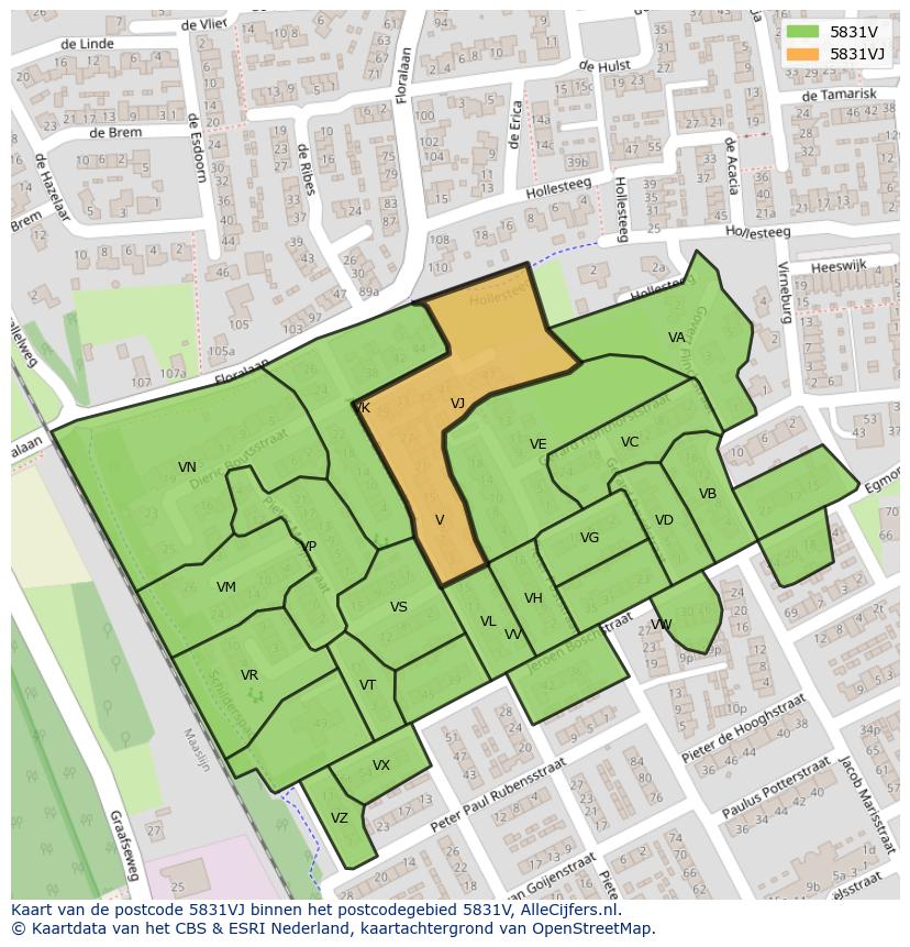 Afbeelding van het postcodegebied 5831 VJ op de kaart.