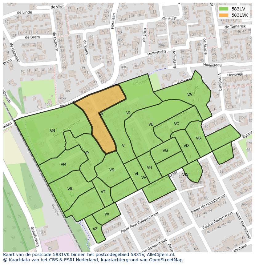 Afbeelding van het postcodegebied 5831 VK op de kaart.