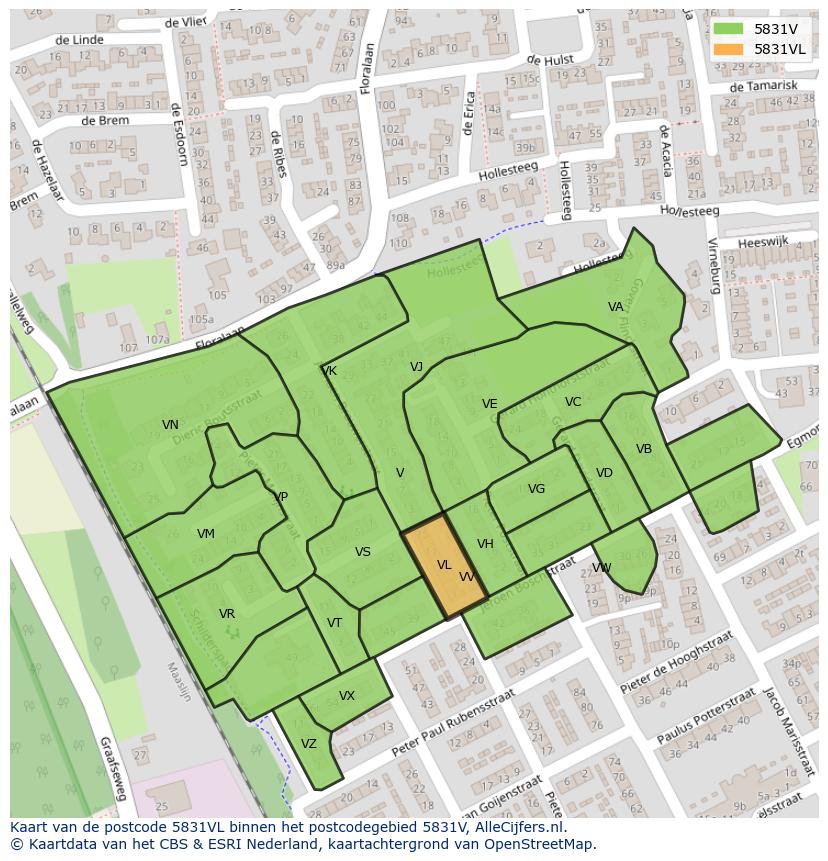 Afbeelding van het postcodegebied 5831 VL op de kaart.