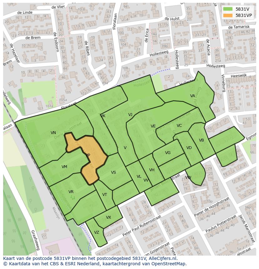 Afbeelding van het postcodegebied 5831 VP op de kaart.