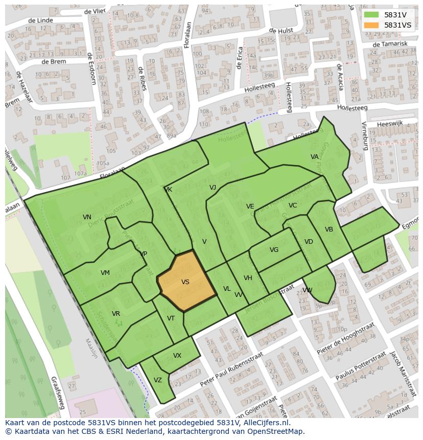 Afbeelding van het postcodegebied 5831 VS op de kaart.