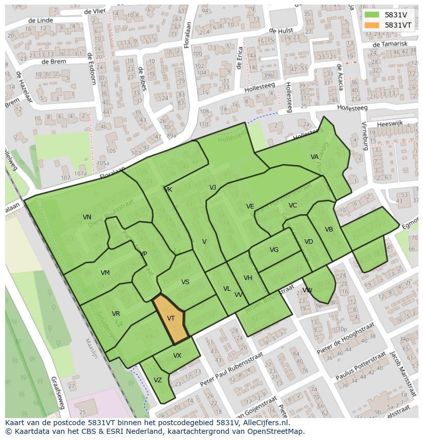 Afbeelding van het postcodegebied 5831 VT op de kaart.