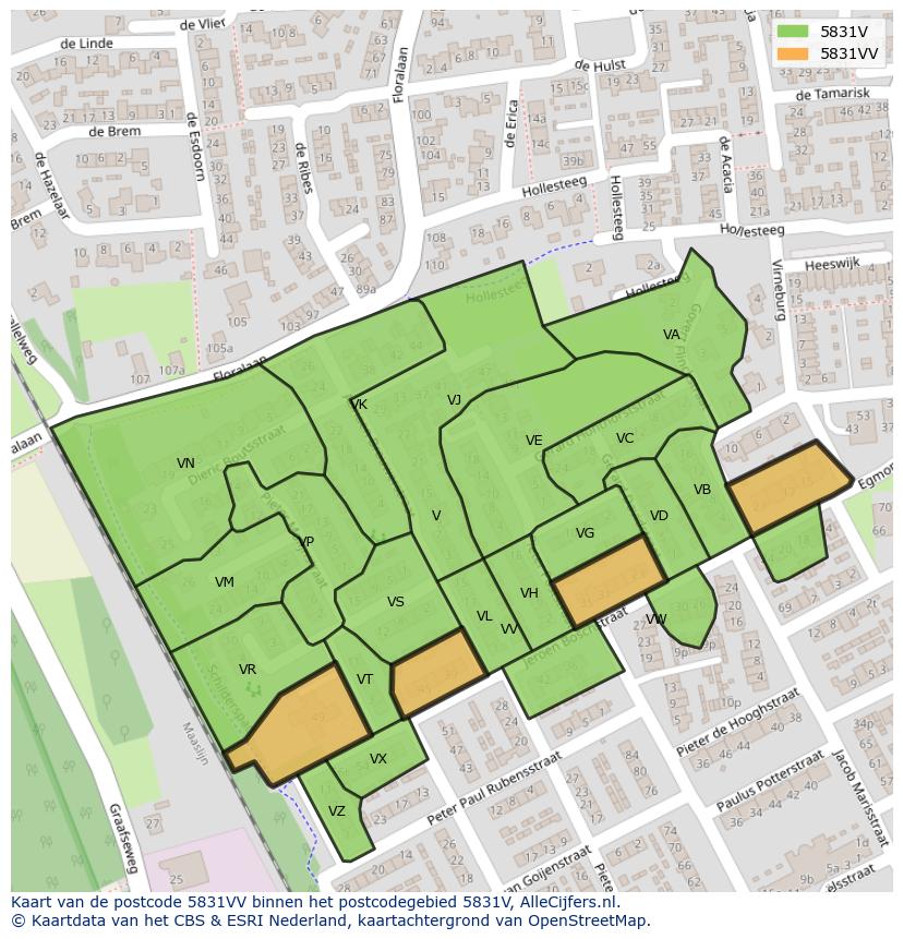 Afbeelding van het postcodegebied 5831 VV op de kaart.