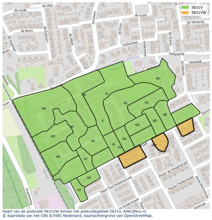 Afbeelding van het postcodegebied 5831 VW op de kaart.