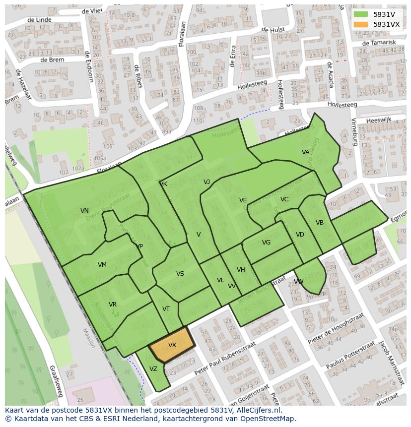 Afbeelding van het postcodegebied 5831 VX op de kaart.