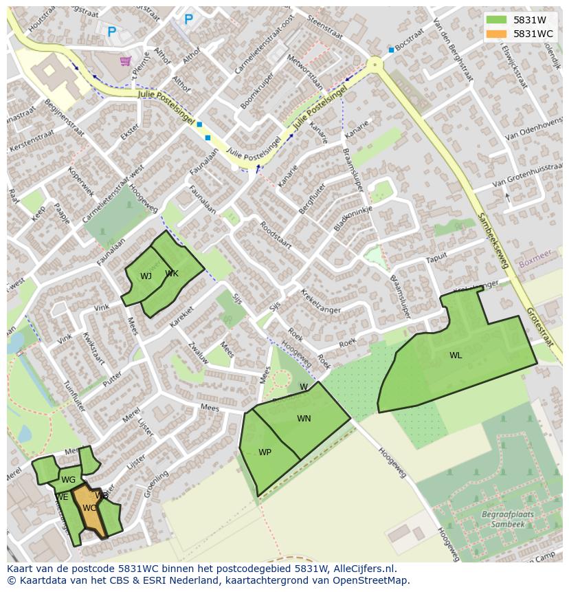Afbeelding van het postcodegebied 5831 WC op de kaart.