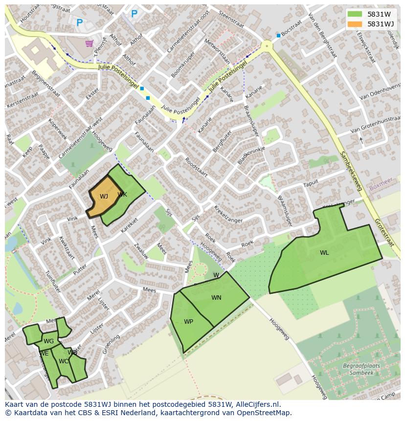 Afbeelding van het postcodegebied 5831 WJ op de kaart.