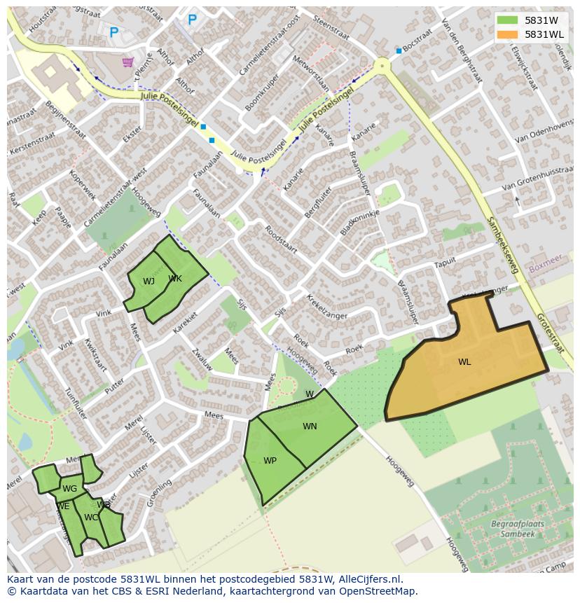 Afbeelding van het postcodegebied 5831 WL op de kaart.