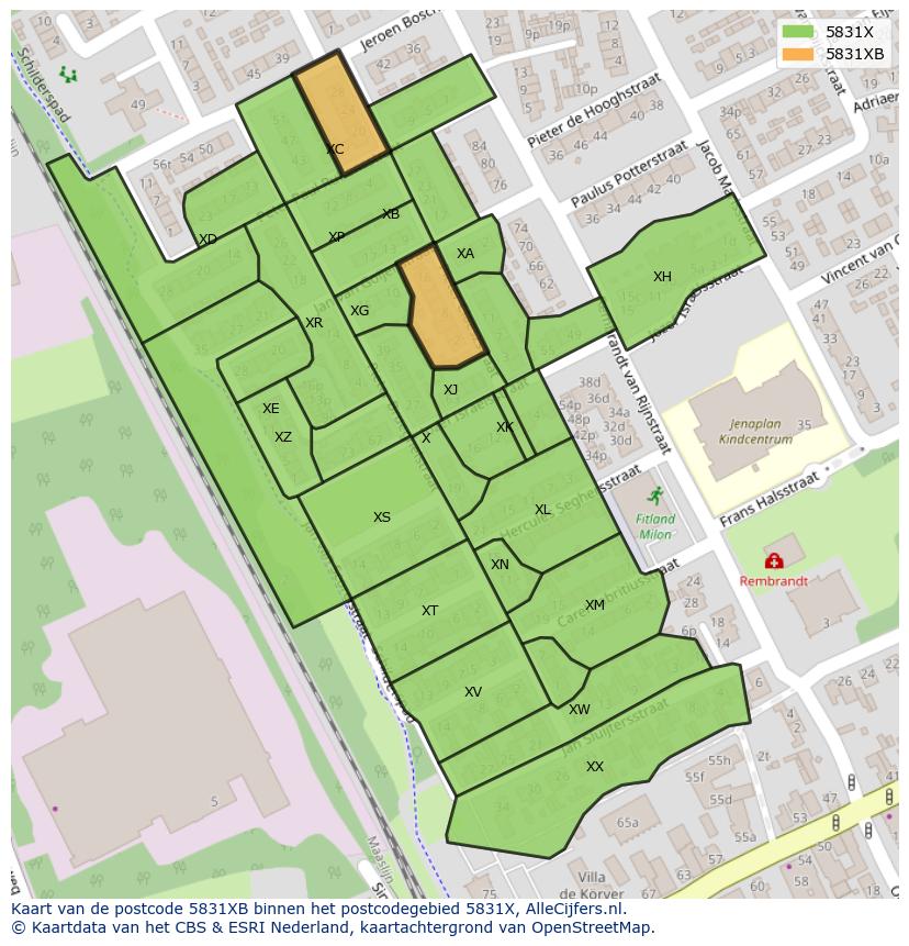 Afbeelding van het postcodegebied 5831 XB op de kaart.