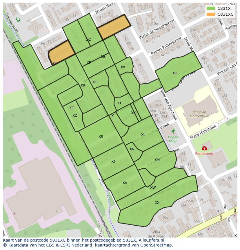 Afbeelding van het postcodegebied 5831 XC op de kaart.