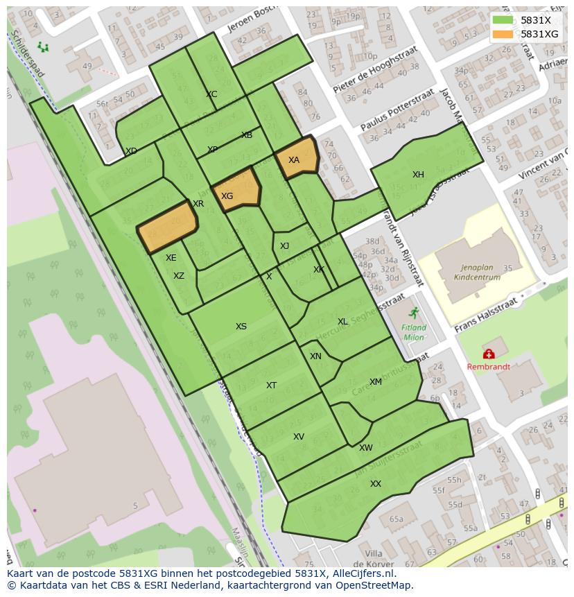 Afbeelding van het postcodegebied 5831 XG op de kaart.