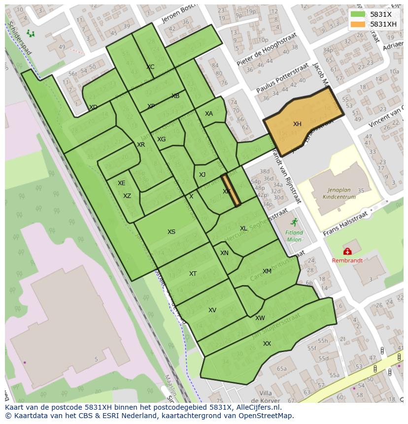 Afbeelding van het postcodegebied 5831 XH op de kaart.