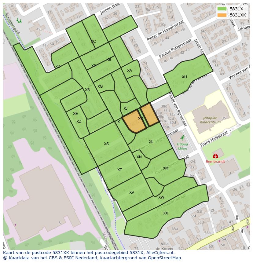 Afbeelding van het postcodegebied 5831 XK op de kaart.
