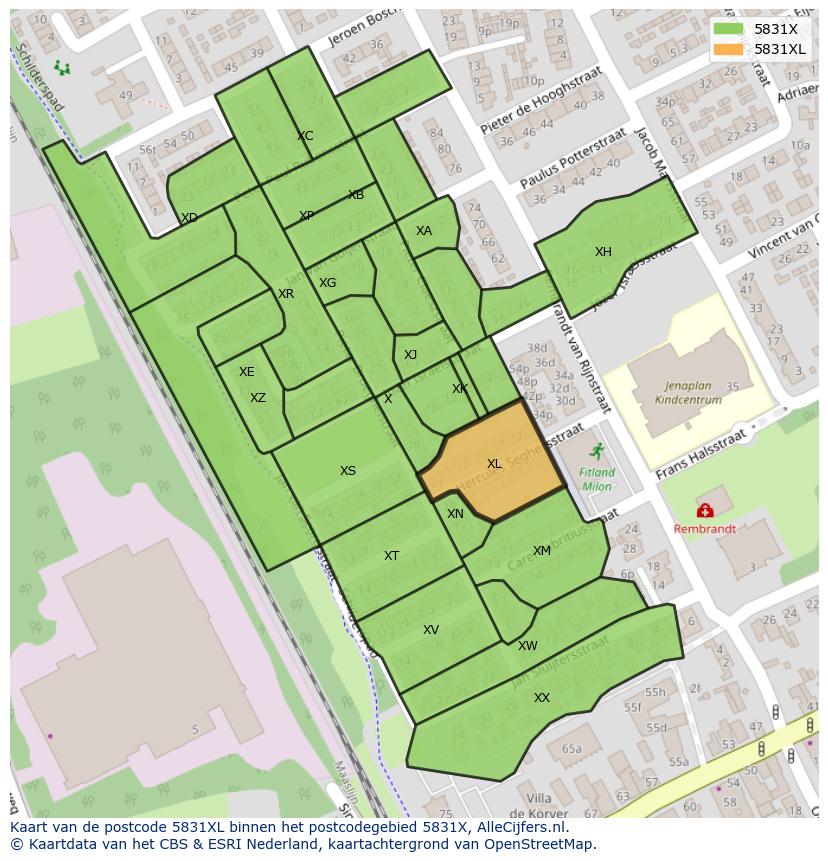 Afbeelding van het postcodegebied 5831 XL op de kaart.
